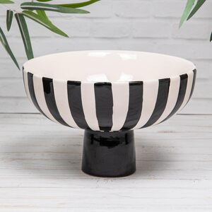 Black & White Stripe Ceramic Fruit Bowl Pedestal Dish