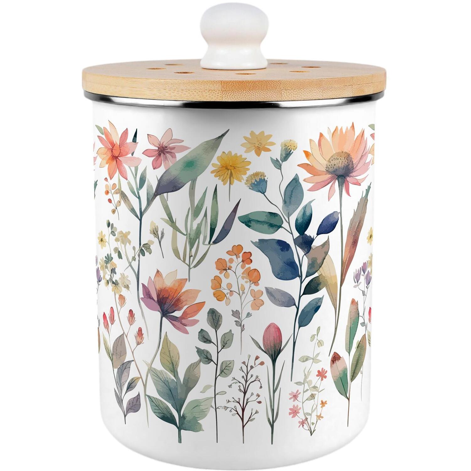 Purely Home Pastel Flowers Food Waste Caddy - Metal 2L Decorative Kitchen Compost Bin - Green