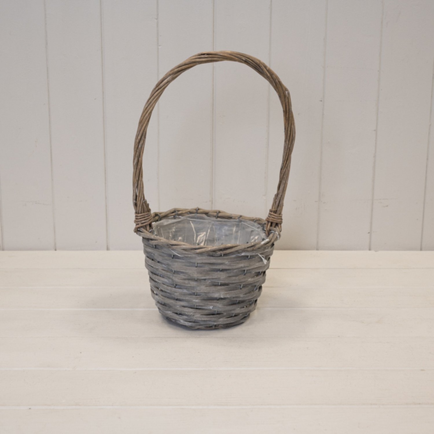  - Handcrafted Round Greywashed Willow Basket With Overhandle - Image 3