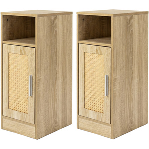 Bedside Table 2 Pcs Slim Bedside Table with Storage Rattan Door Wood