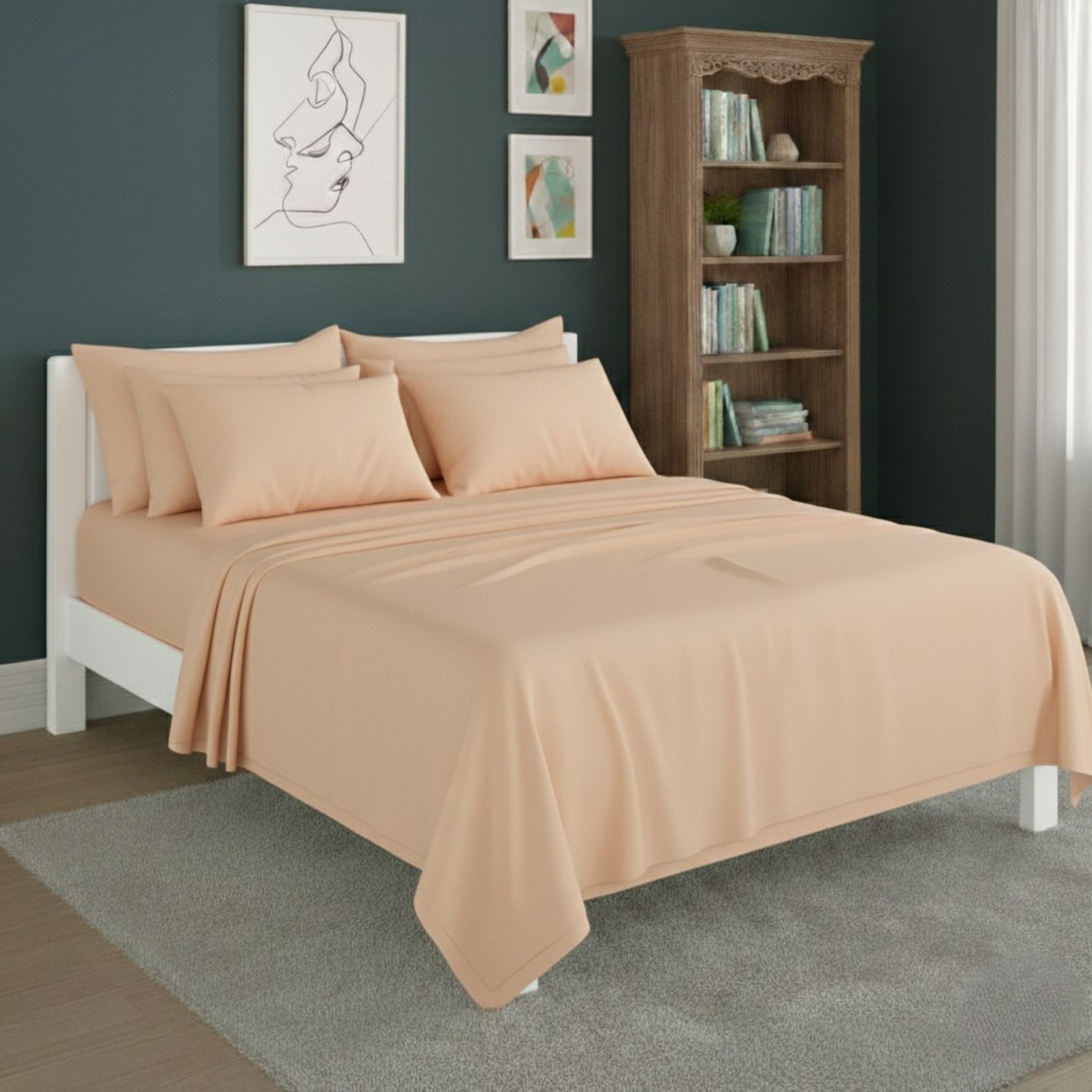 Snug City Plain Poly Cotton Easy Care Fitted Flat Sheet Matching Pillowcases Set in Peach | Size: Double