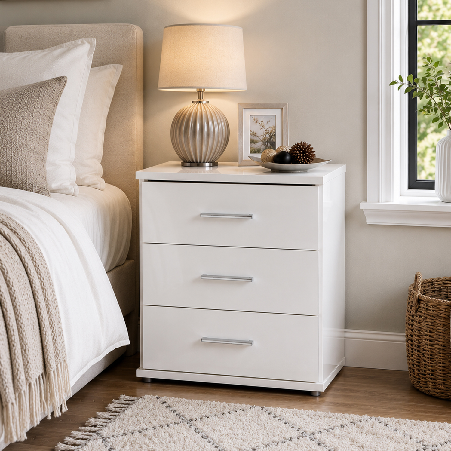 Kdmd Clack White Gloss 3 Drawer Bedside Cabinet - White