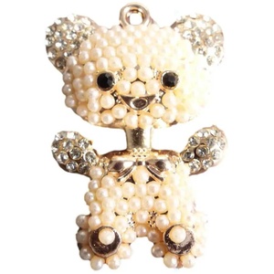 Elegant Pearl And Diamante Teddy Bear Charm With Hanging Ring