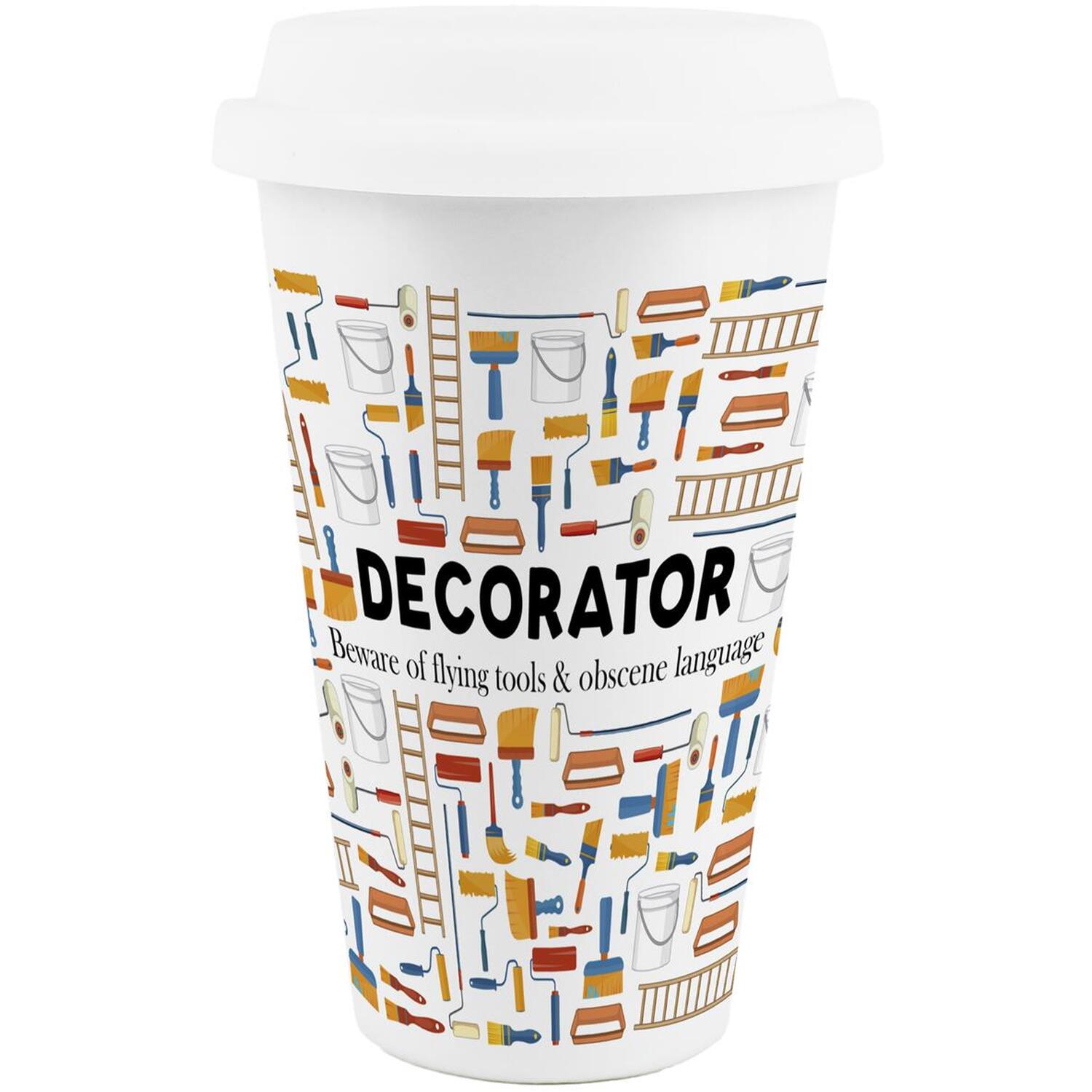 Purely Home Novelty Decorator Ceramic Travel Mug - Reusable Drinks Cup Gift - White