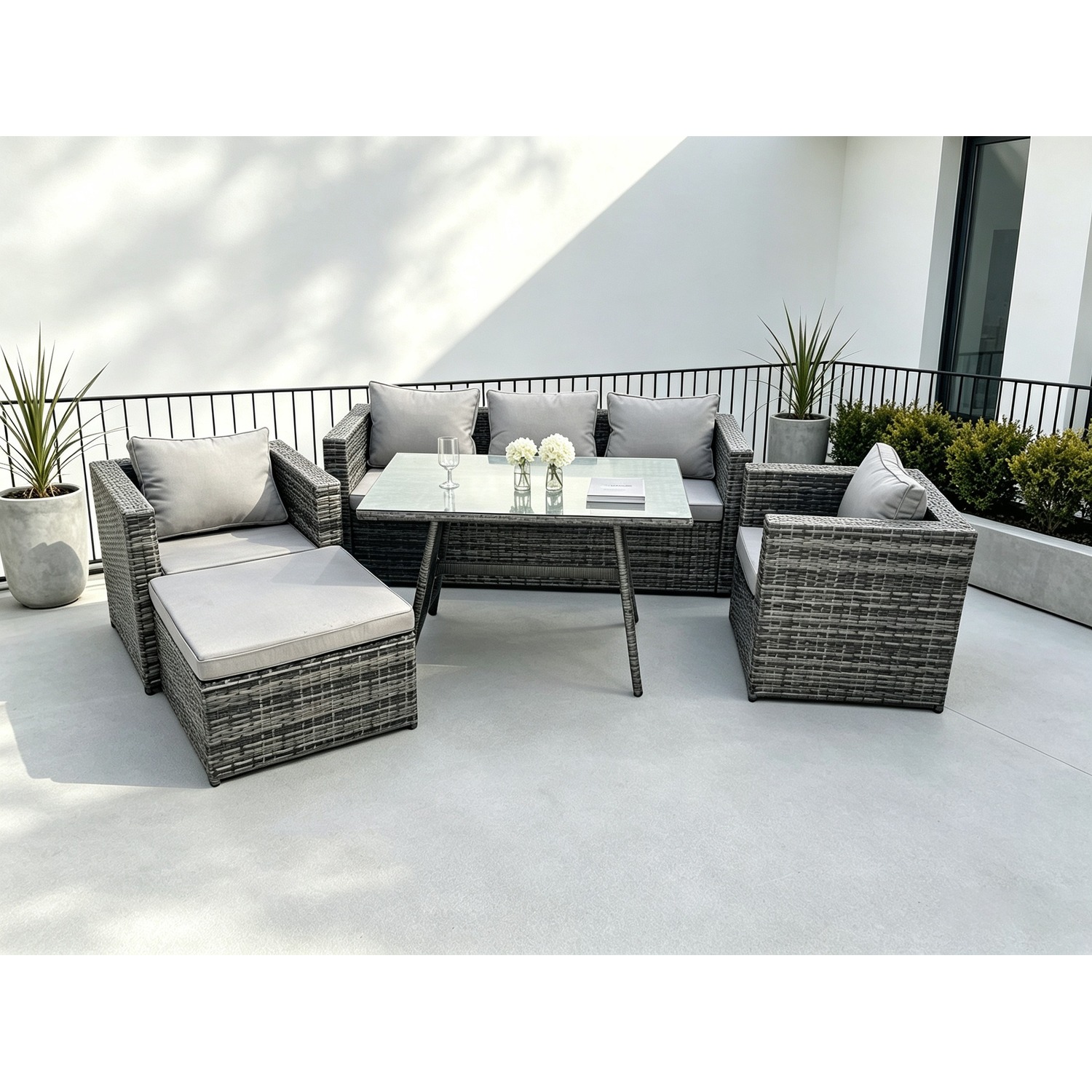 Fimous Unisex Dark Grey Grey Lounge Rattan Sofa Dining Table Set Chairs Footstool Garden Furniture Outdoor In Size 1 - Image 2