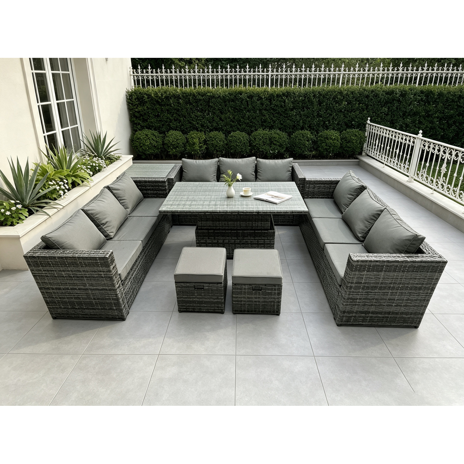 Rackhams Dark/Grey 11 Seater?Outdoor Rattan Sofa Set Lounge Adjustable Rising Lifting Side Tables Chairs Footstool Mixed - Image 2