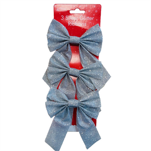 Pack of 18 Christmas Decorations Gift Wrap Silver Glitter Ribbon Bows