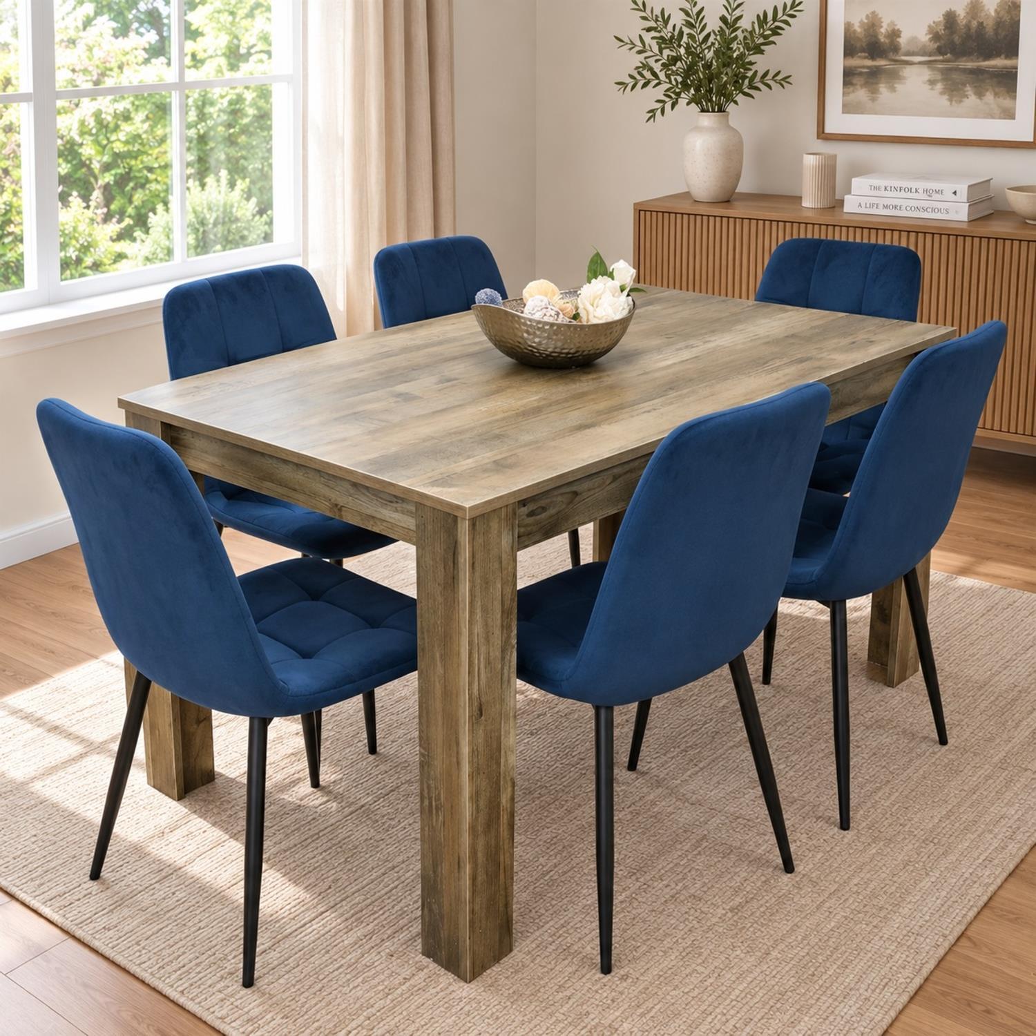 Kosy Koala Unisex Brown Wooden Dining Table Set W/ 6 Blue Chairs Modern Dining Furniture In - Image 2