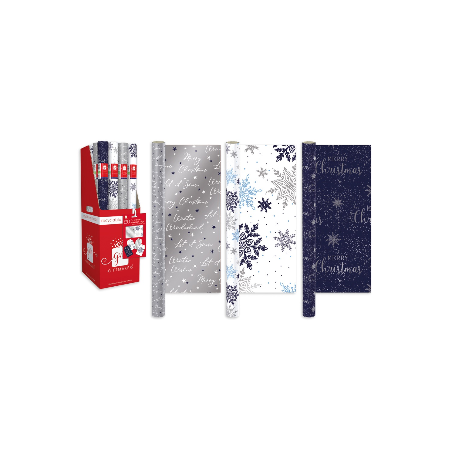 Christmas Wrapping Paper 3 x 4 Metres Rolls - White Silver Blue Designs - Image 3