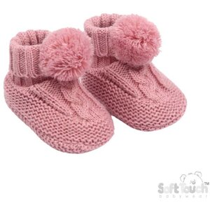 Dusty Pink Elegance Cable Knit Bootees with Pom Pom NB - 12 Months