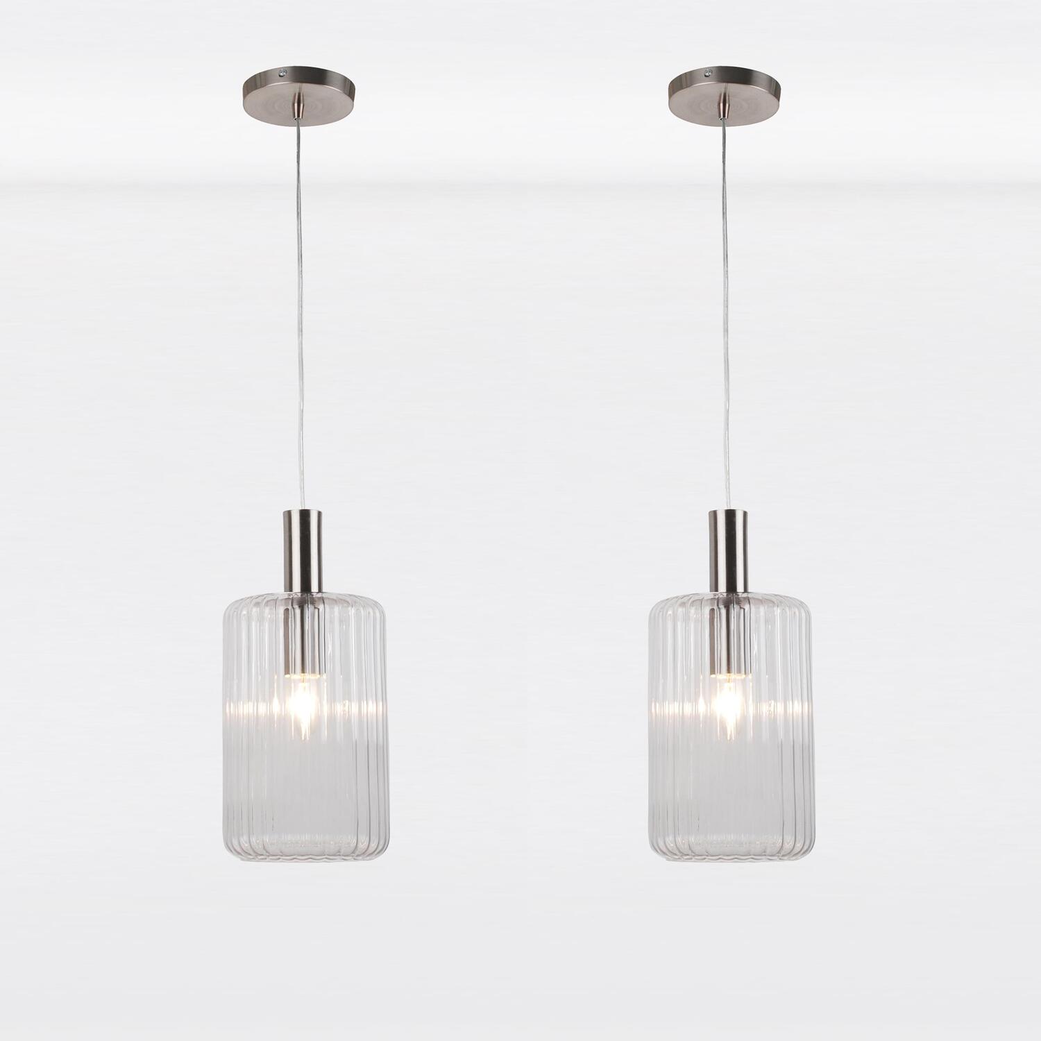 First Choice Lighting Set Of 2 Clear And Brushed Chrome Fluted Glass Design Pendant Fittings - Chrome & Clear