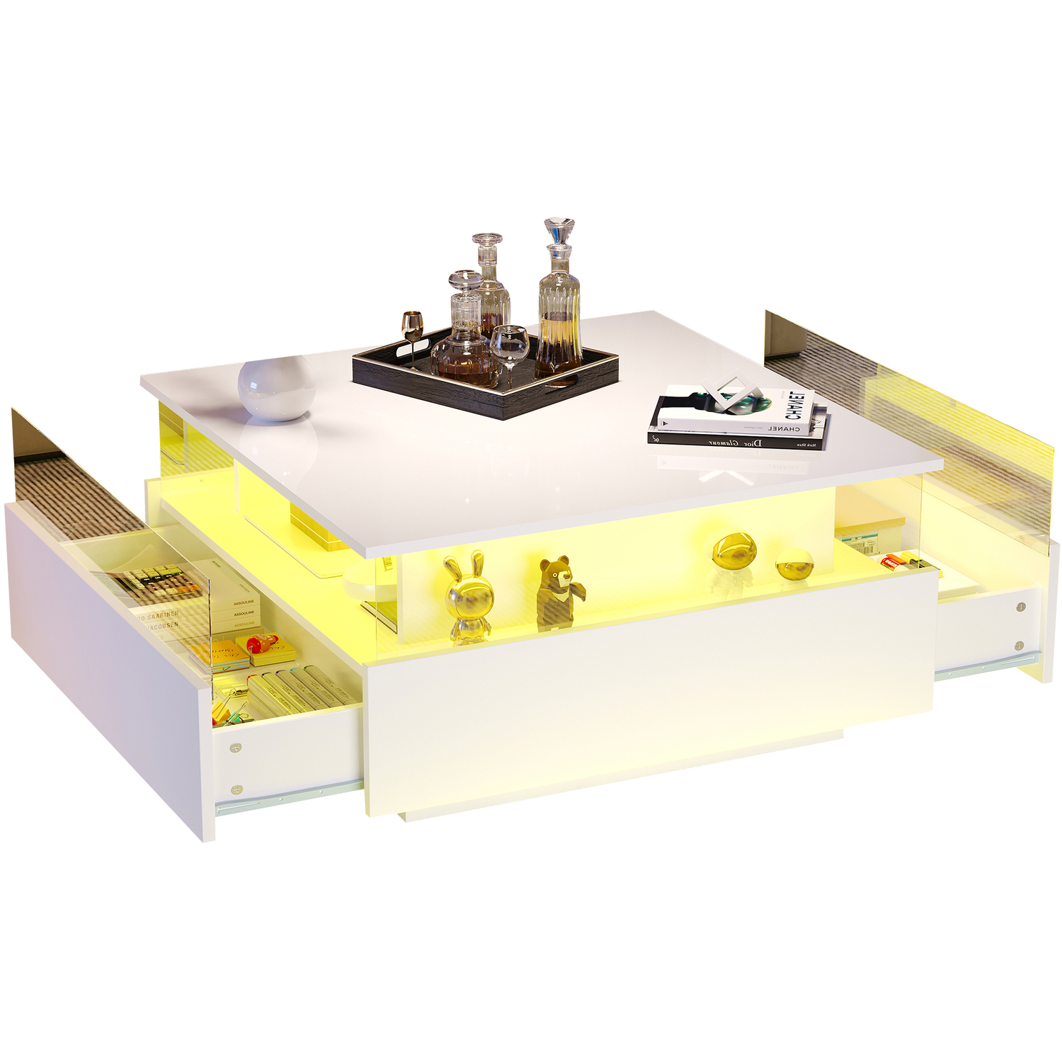 Aka White Coffee Table With Storage, Led Lights, 2 Sliding Drawers & Glass Top - White