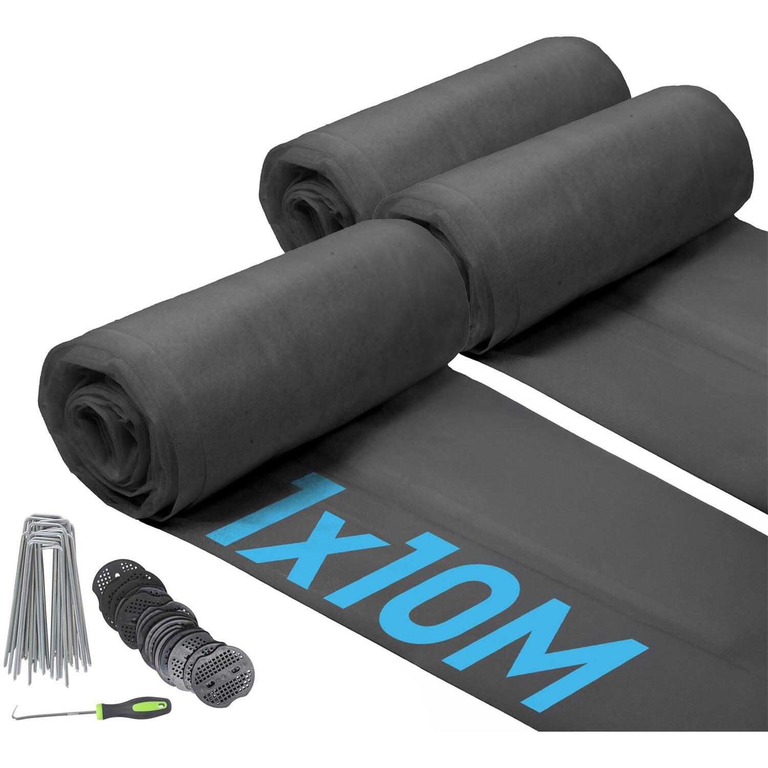 Harbour Housewares 100Gsm Weed Control Membrane With Pegs & Plates 1M X 10M - Black / 6.17Kg