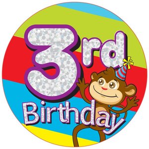 Jumbo Age 3 Monkey Birthday Badge Pack of 12
