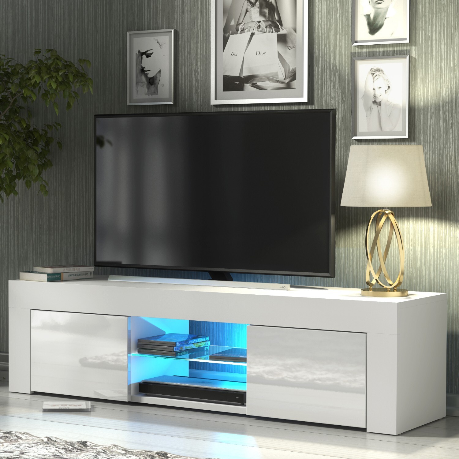 Mex Furniture Ltd Shine Tv Unit & Led - White With Gloss Doors