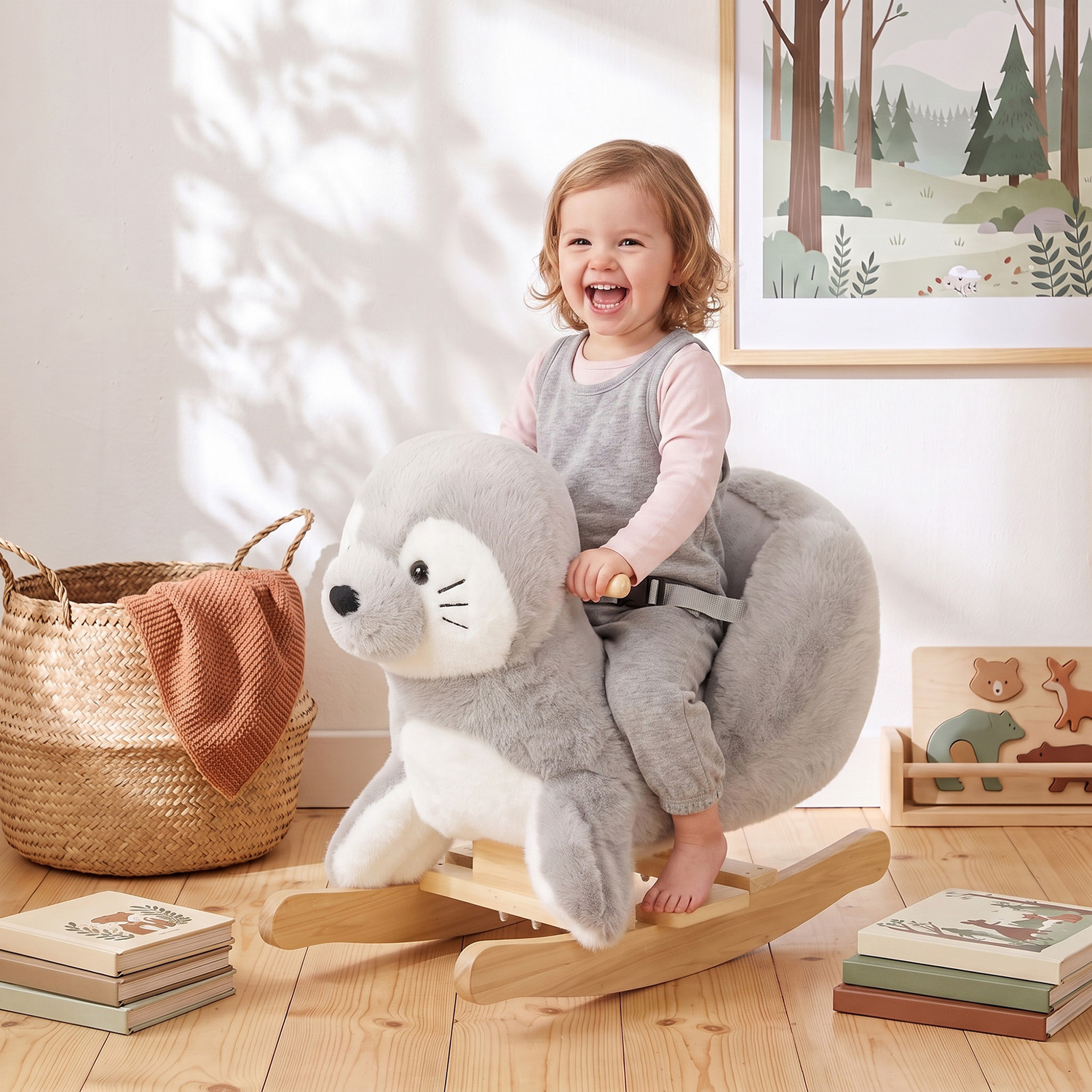 Aiyaplay Plush Baby Rocking Horse, Seal Rocking Animal With Sounds, Belt - Grey