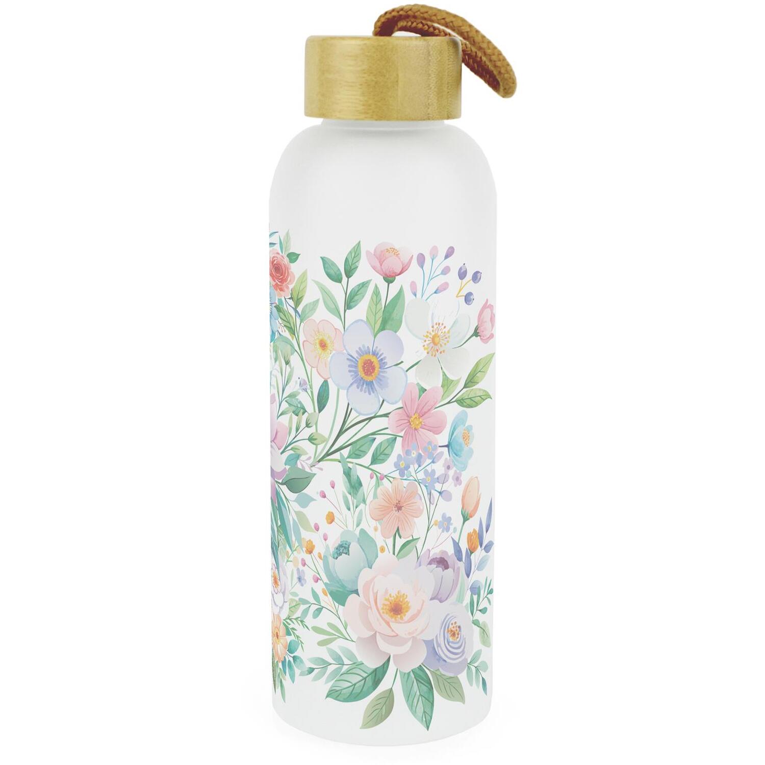 B&Q - Flower Bouquet Glass Water BottleMulticoloured Floral GiftFrosted Glass Drinks Bottle With Wooden Screw Lid & Hanging Loop - Image 2