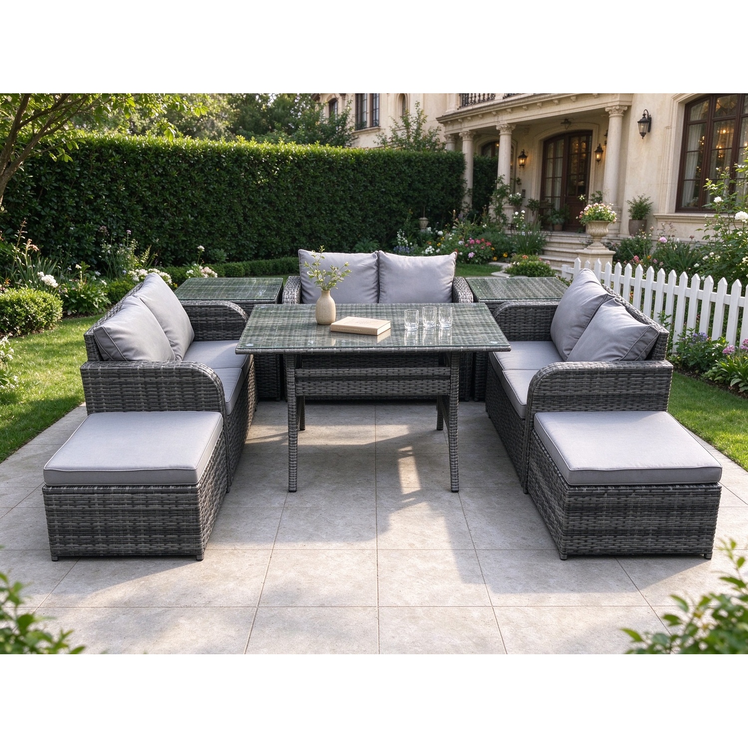 Fimous Unisex Dark Grey Outdoor Rattan Garden Furniture Lounge Sofa Set With Oblong Rectangular Dining Table Big Footstool Side Tables In Size 2 - Image 2