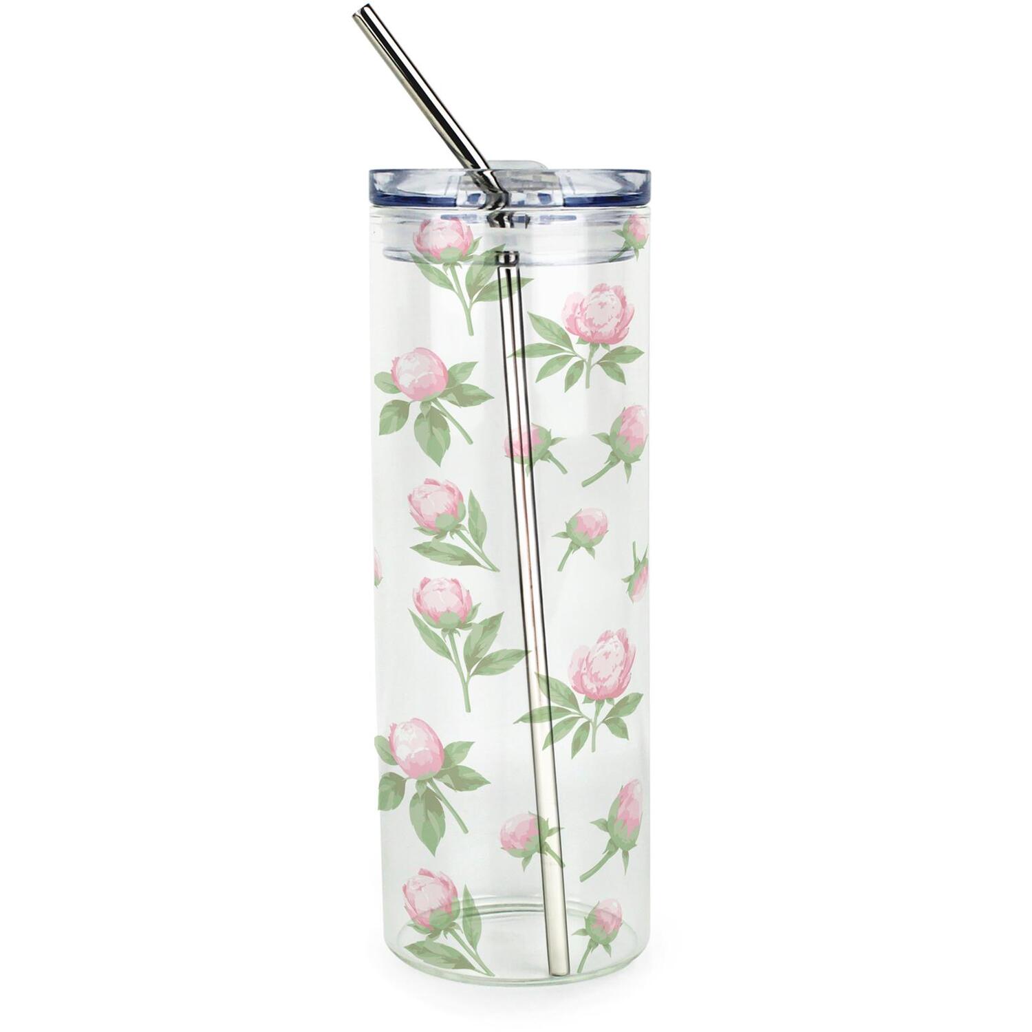 Delicate Peonies Clear Glass Travel Flask - Reusable Tumbler & Metal Straw Gift - Image 2