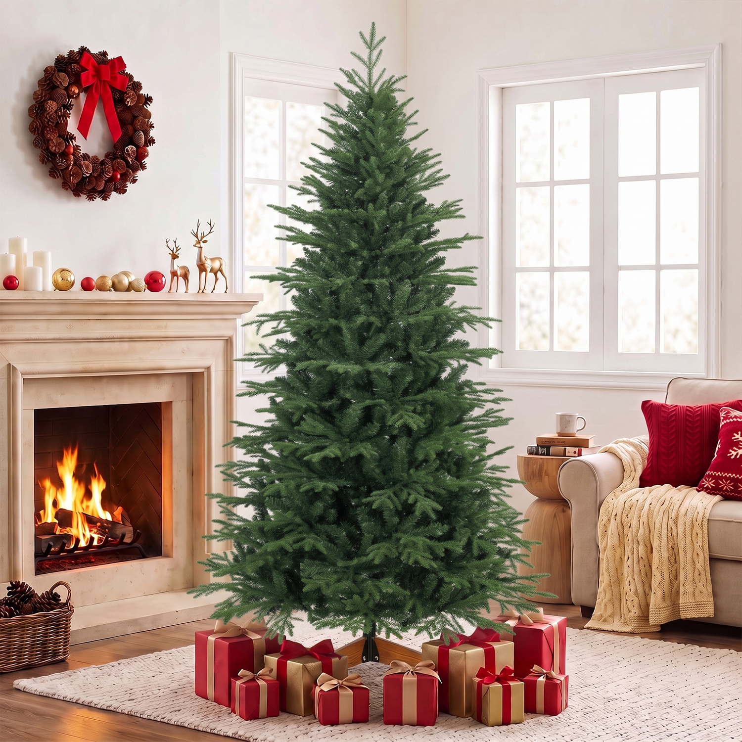 Homcom Unisex Green Artificial Christmas Tree Solid Pine Wood Stand, 7Ft - Image 5
