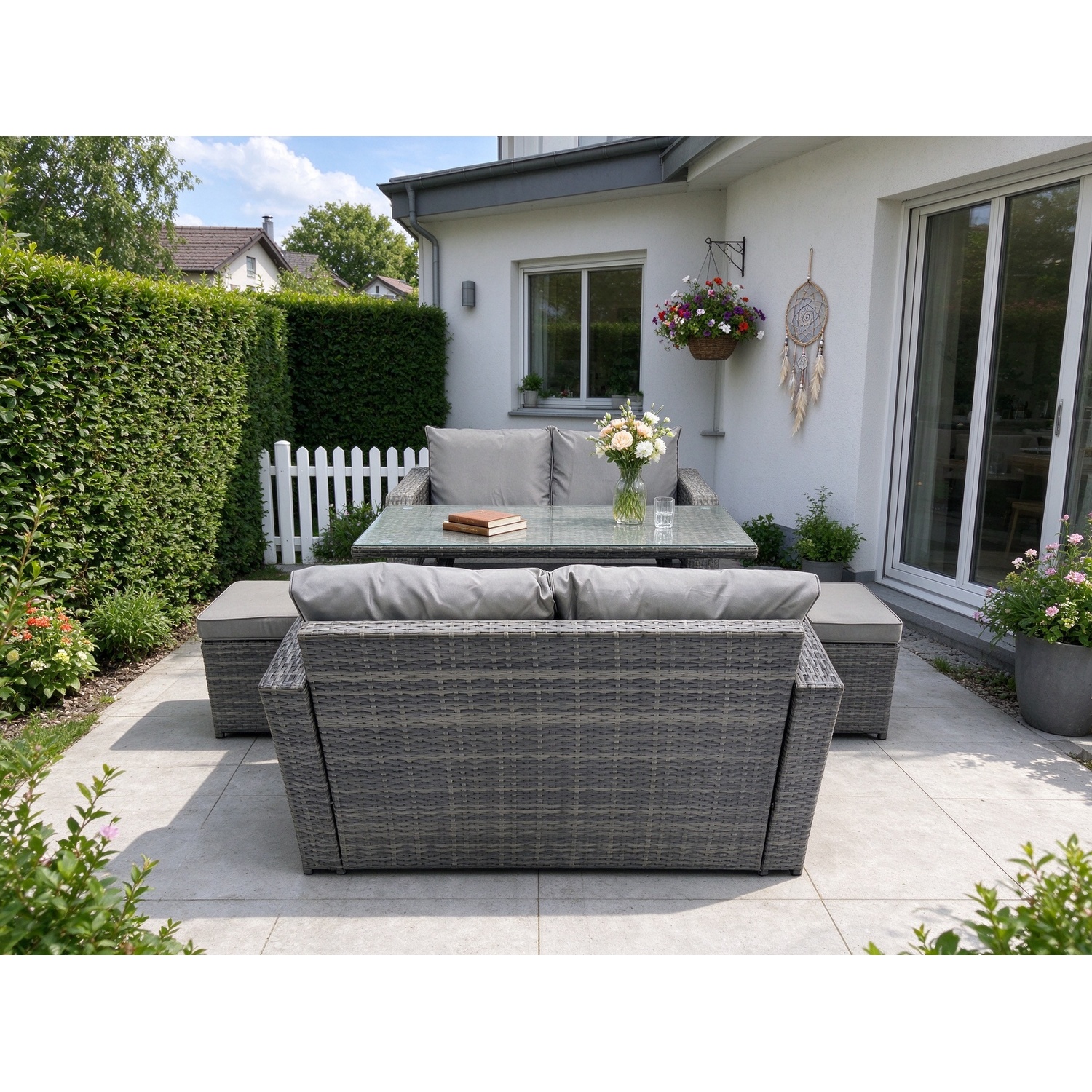 Fimous Outdoor Garden Furniture Sets 5 Pieces Wicker Rattan Furniture Sofa Sets With Rectangular Dining Table Love Sofa 2 Small Footstool - Image 2