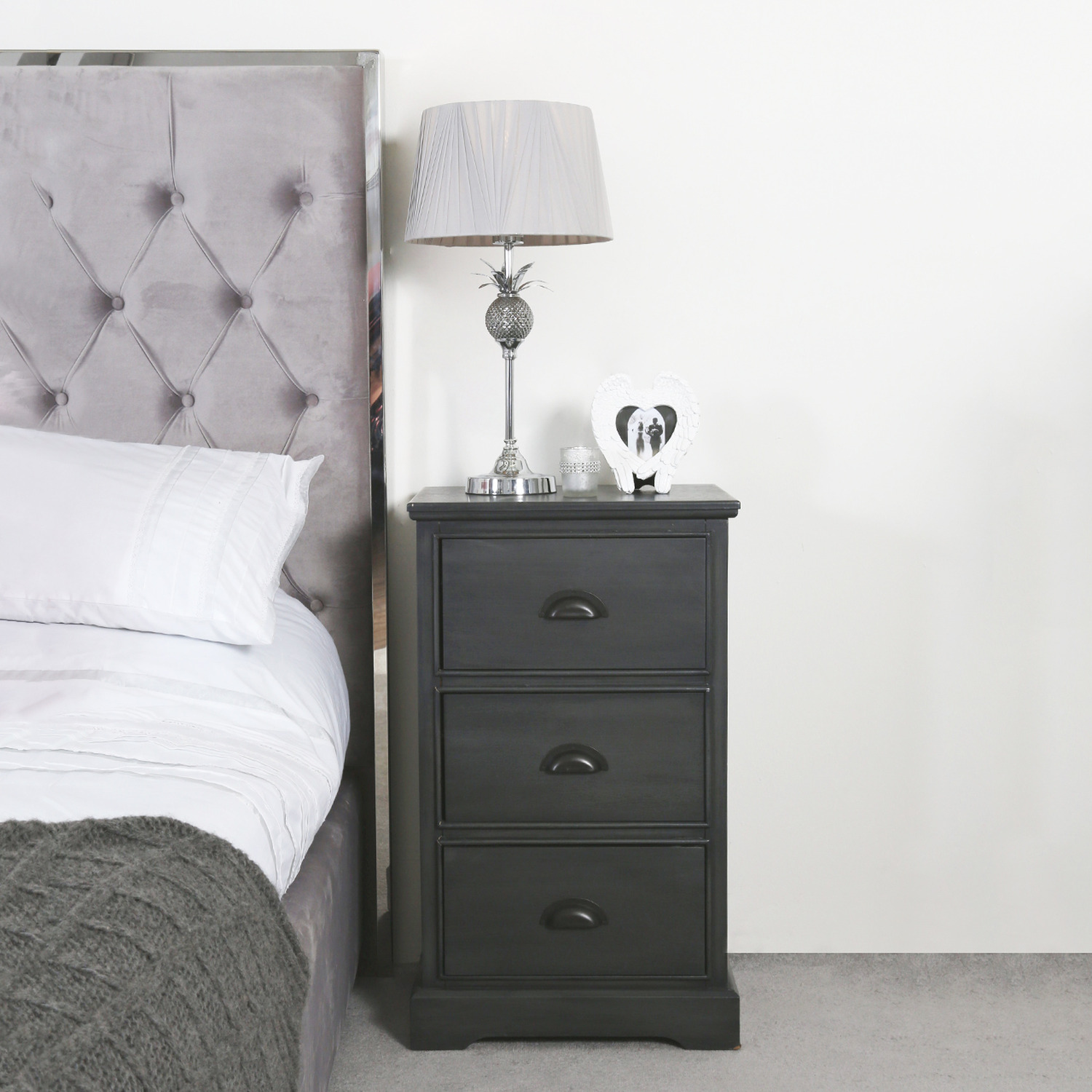 Vanity Living - 3 Drawers Wooden Bedside Table with Modern Handles - Dark Grey thumbnail
