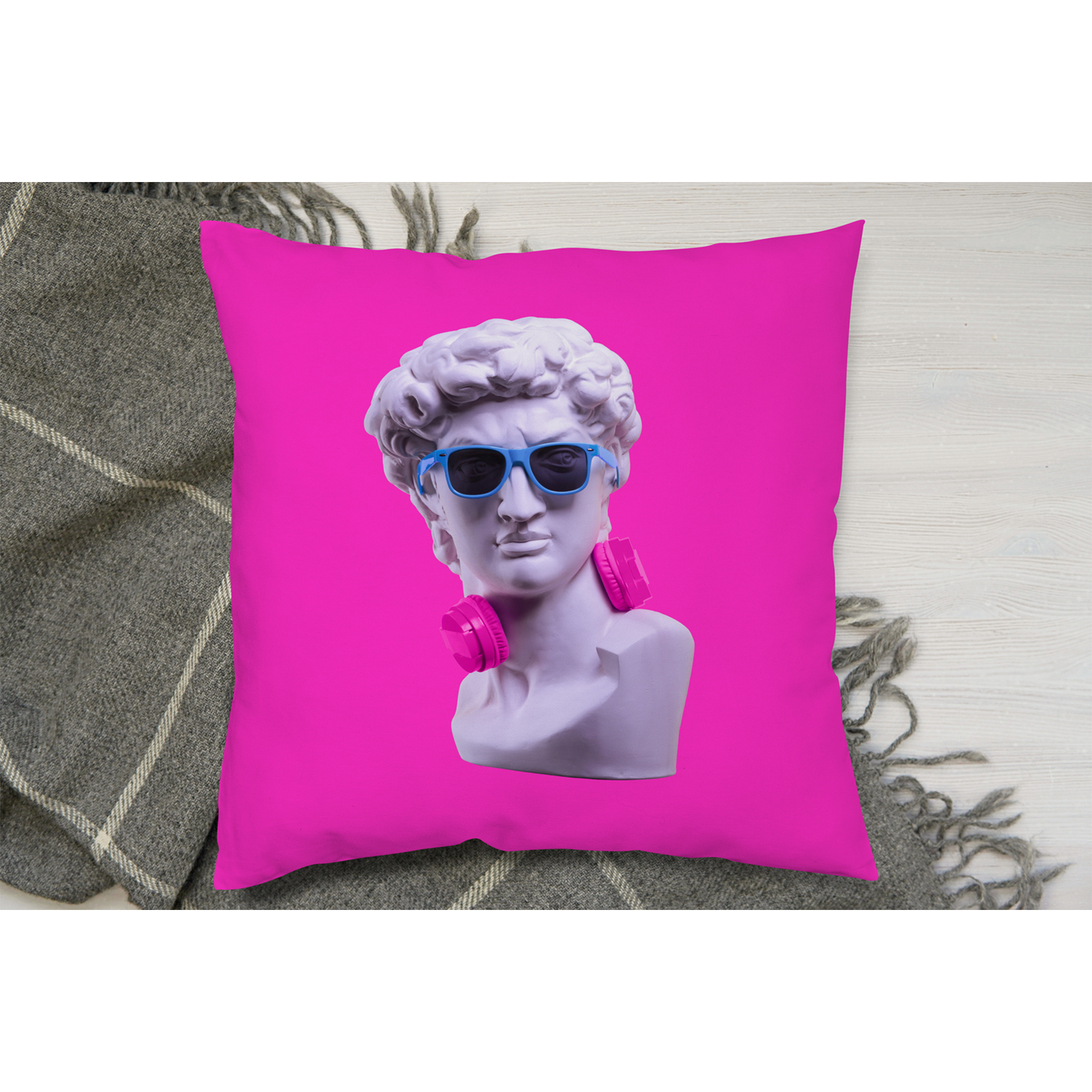 Plaster Statue Of David'S Head In Blue Sunglasses Cushion - Pink / 60