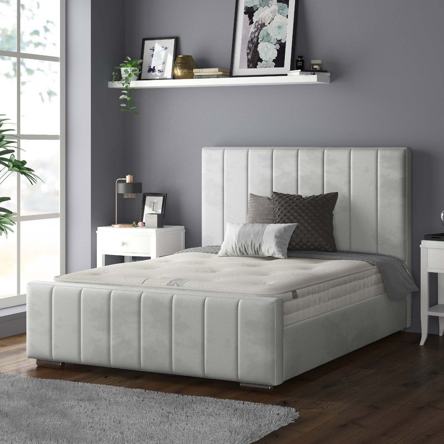 Nala Vertical Striped Plush Velvet Bed Frame - Silver Double