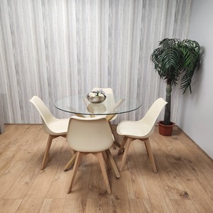 Round Glass Dining Table With 4 Cream Chairs Set