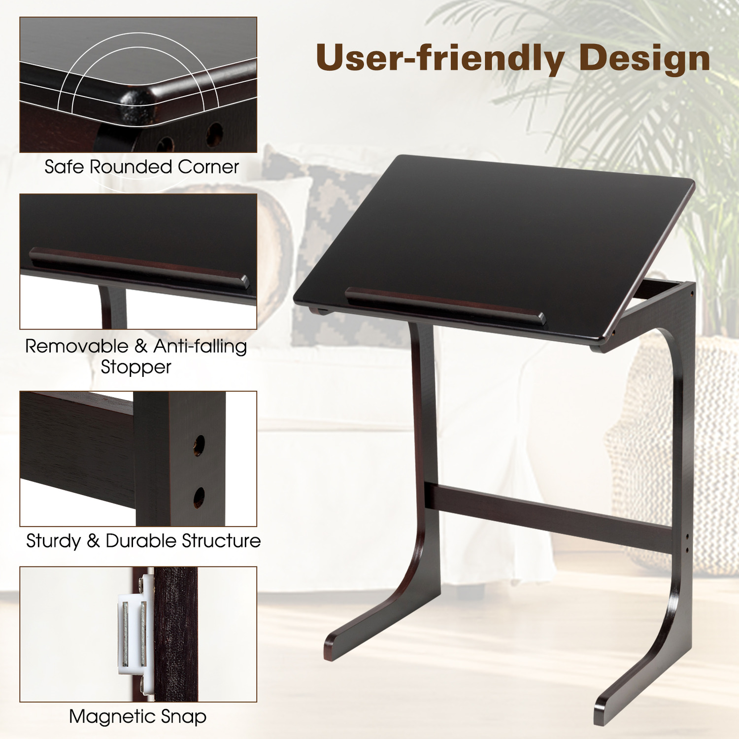 C-shaped Bamboo Sofa Side Table Tilting Top Tv Tray Table - Dark Brown
