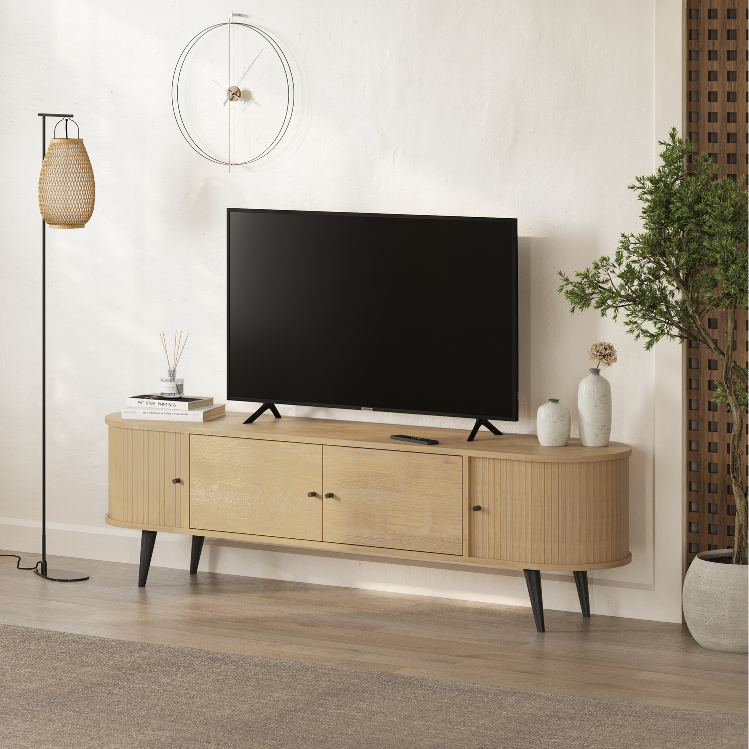 Decortie Gentle Modern 180Cm Tv Stand 4-Door Storage Cabinet With 2 Sliding Doors - Oak