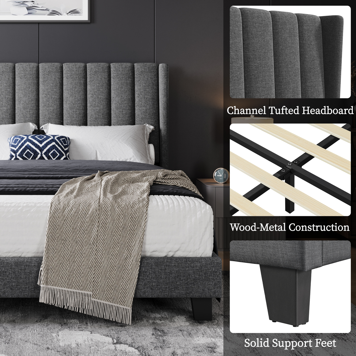 Yaheetech Upholstered Bed Frame With Channel Tufted Headboard - Dark Grey King