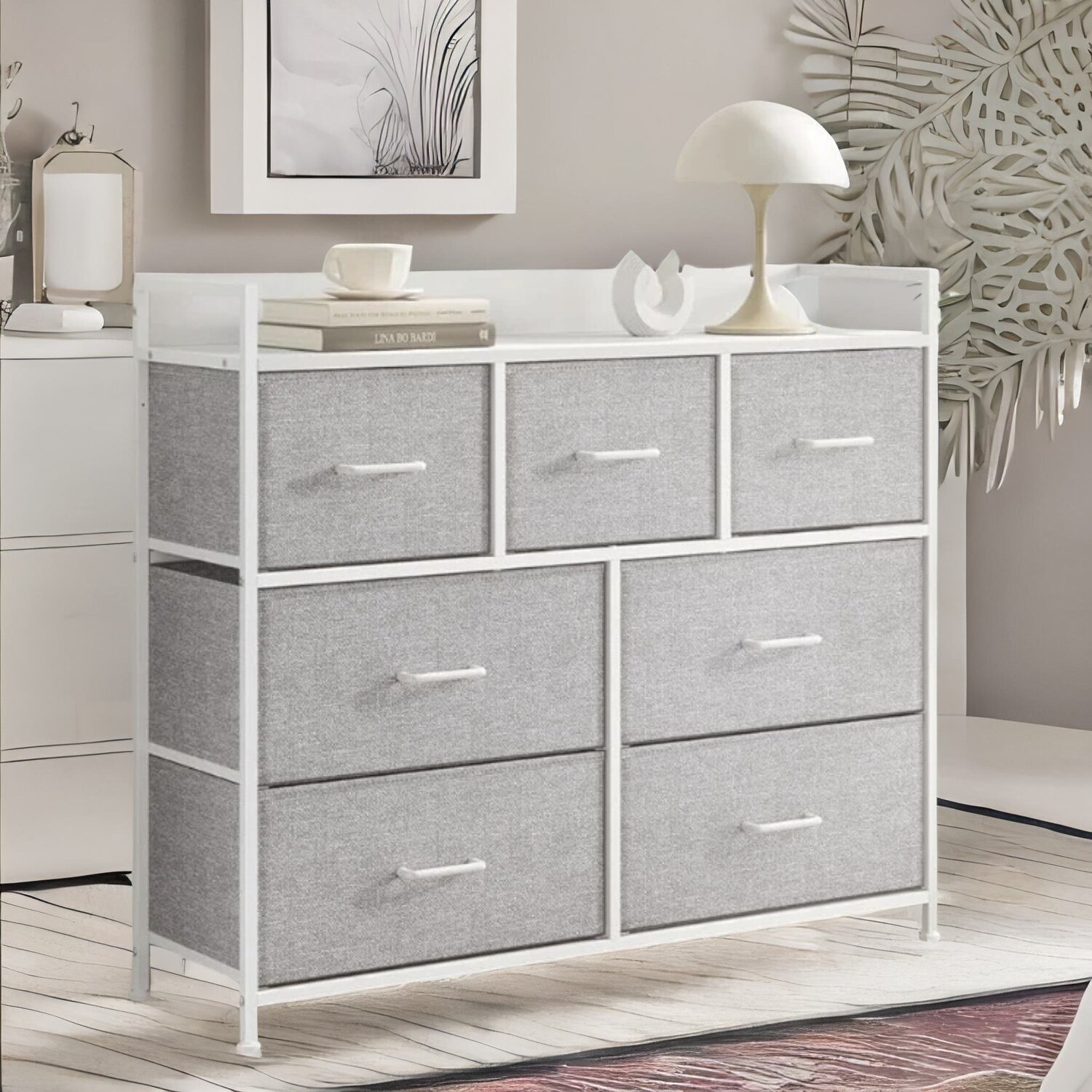 Industrial Bedroom Chest With 7 Fabric Drawers - Light Grey