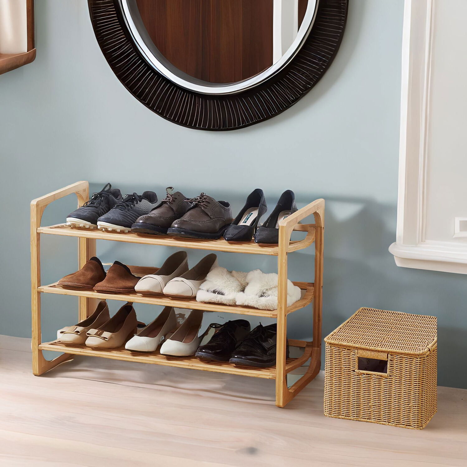 3-tier Bamboo Shoe Rack With Sloped Shelves - Natural Brown