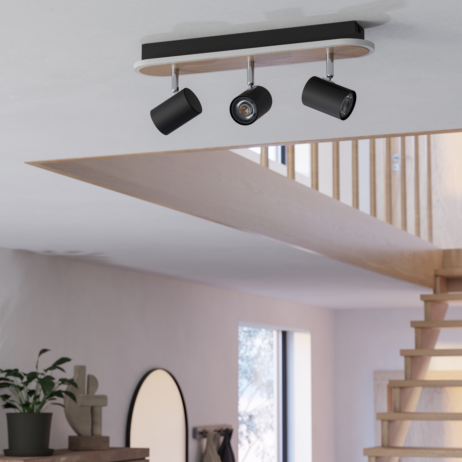 Rimbocchi Natural Wood Modern 3 Light Spotlight - Black