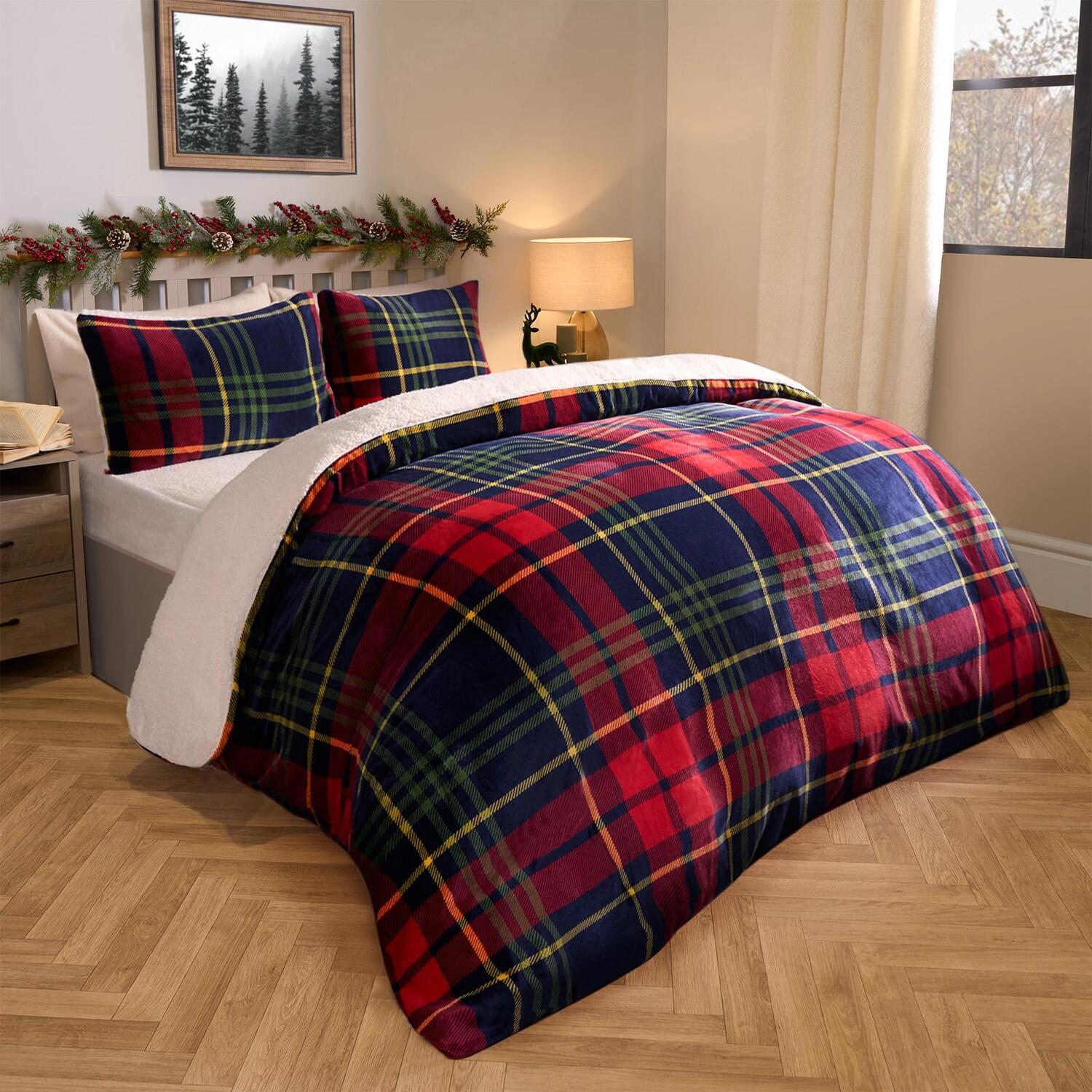 Oxford Check Sherpa Duvet Set - Red Single