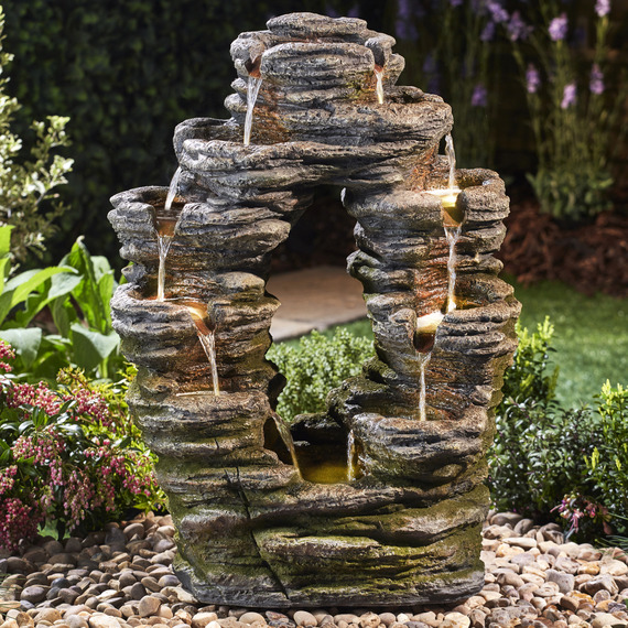 Double-Sided Rock Cascade Water Feature with LED Lighting