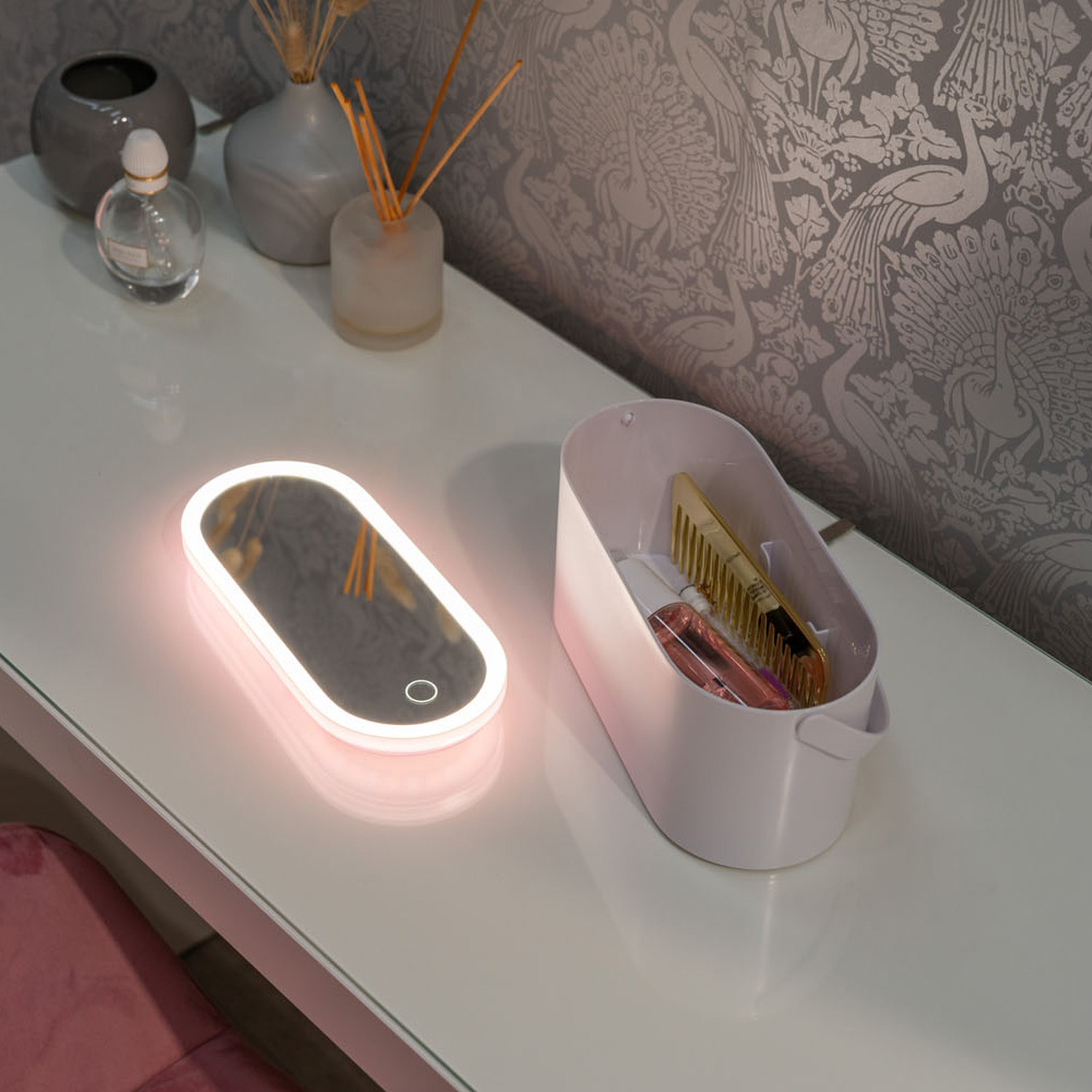 Led Make Up Mirror With Storage Carry Box - White
