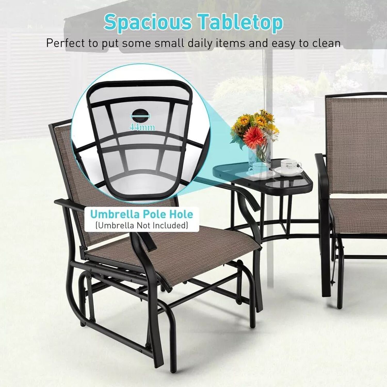 Rocking Garden Bistro Set Chair And Table With Hole For Umbrella - Brown