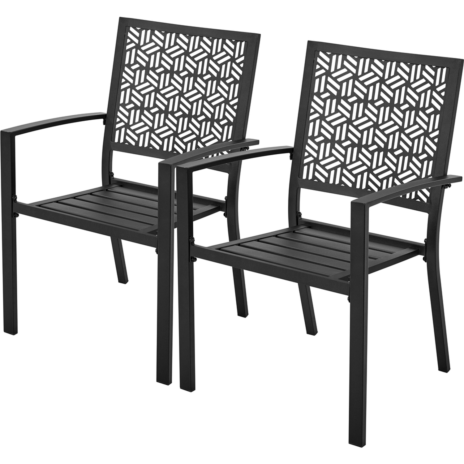 Set Of 2 Outdoor Garden Chairs With Slatted Seat - Black