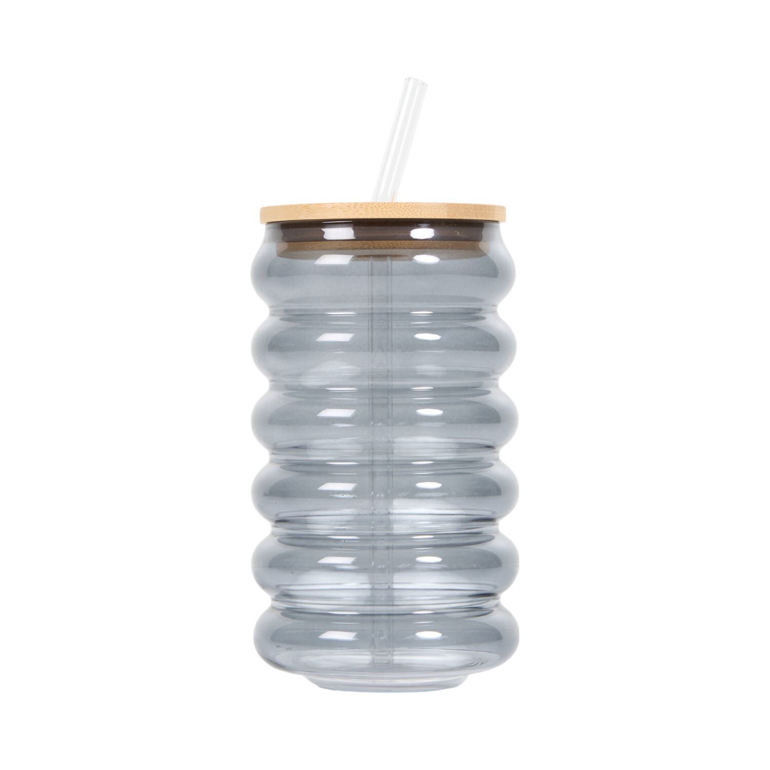 Smoked Glass Tumbler with Bamboo Lid and Straw - Grey