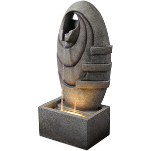 Outdoor Garden Modern Oval Water Fountain with Warm LED Lights, Grey