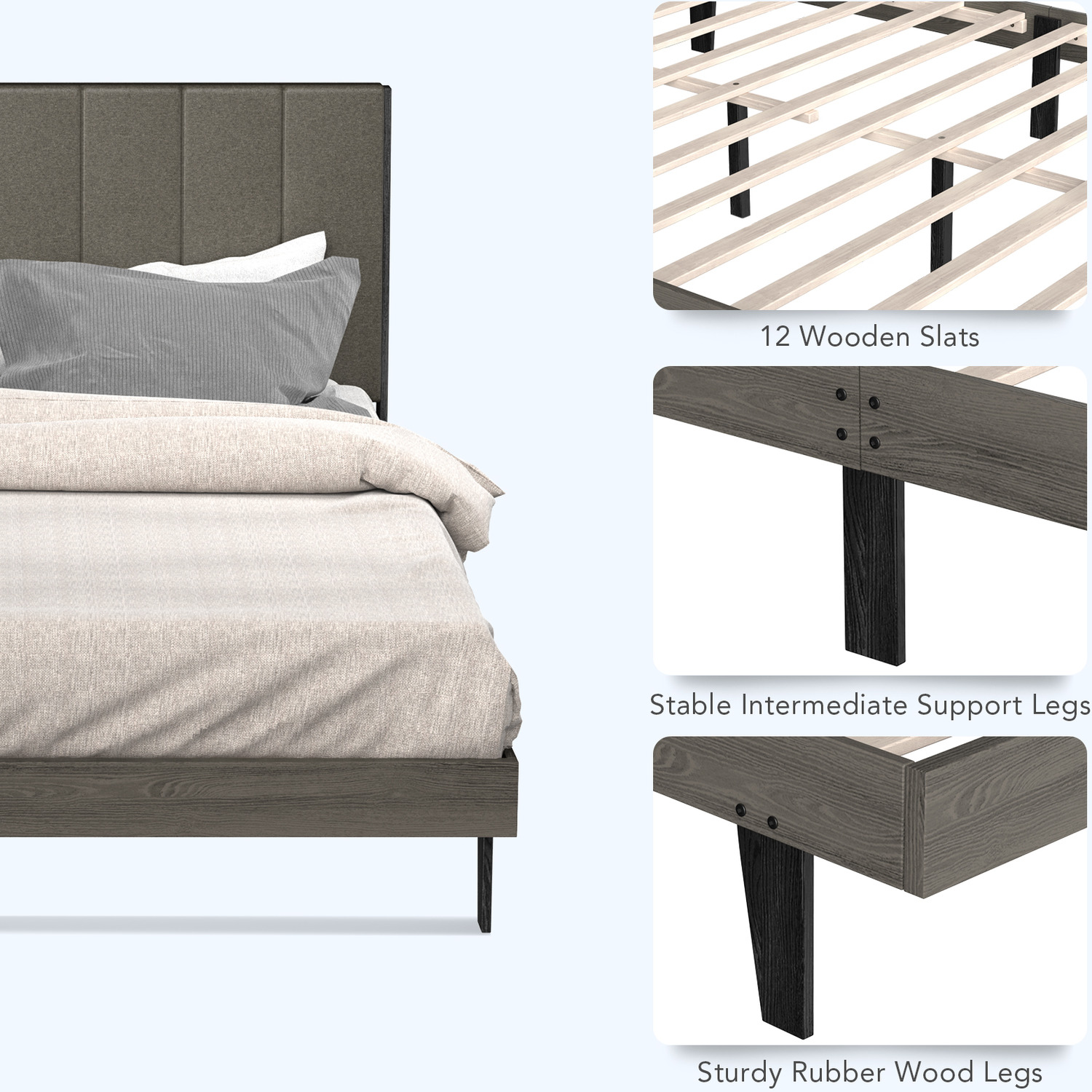 Upholstered Bed Frame Mattress Foundation - Grey