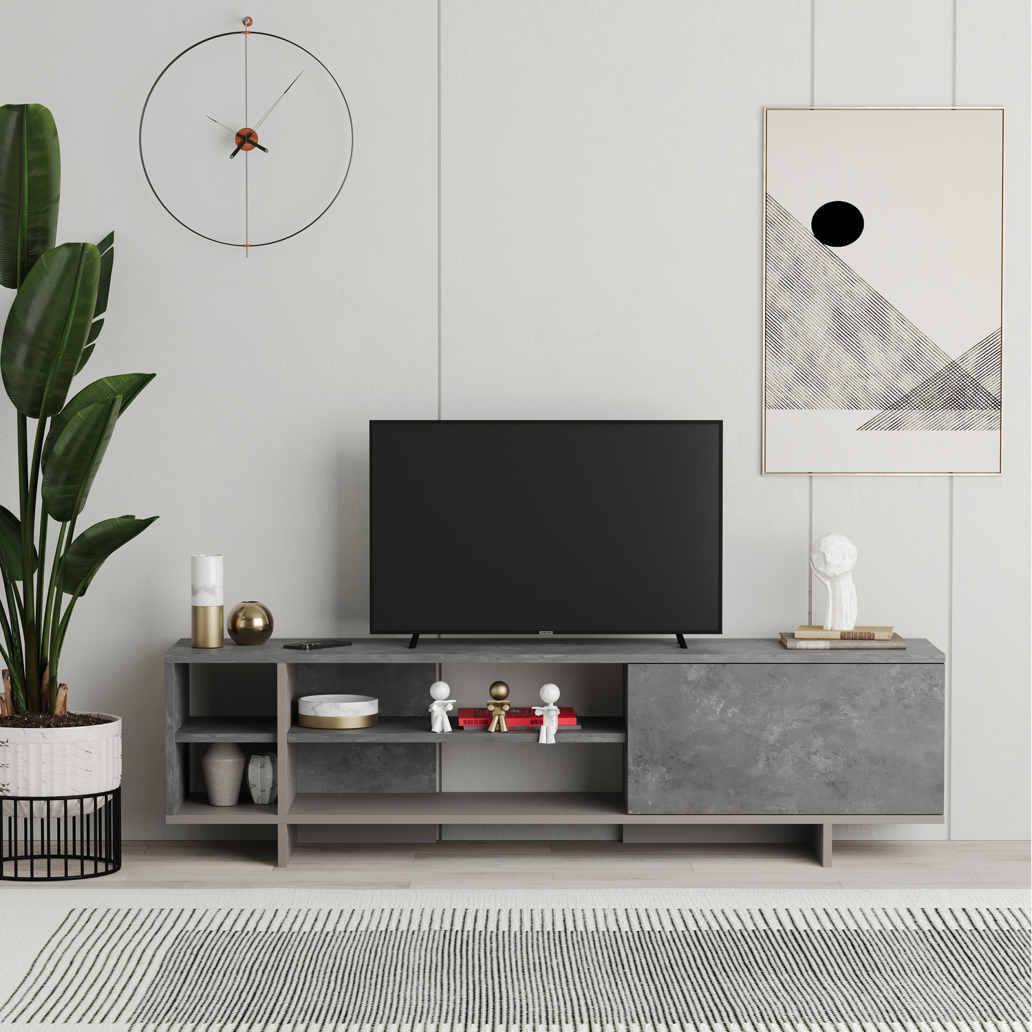 Decortie Stockton Tv Stand Low Media Unit Open Shelves - Retro Grey