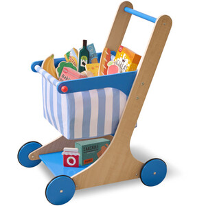 Wooden Toy Shopping Cart with Play Food and Fabric Basket