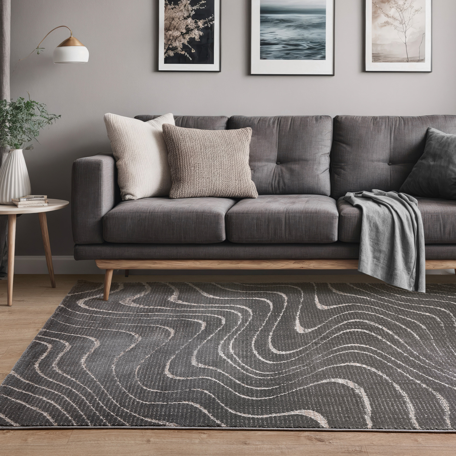 Axel Geometric Ripple Neutral Living Area Rug - Charcoal / 275cm