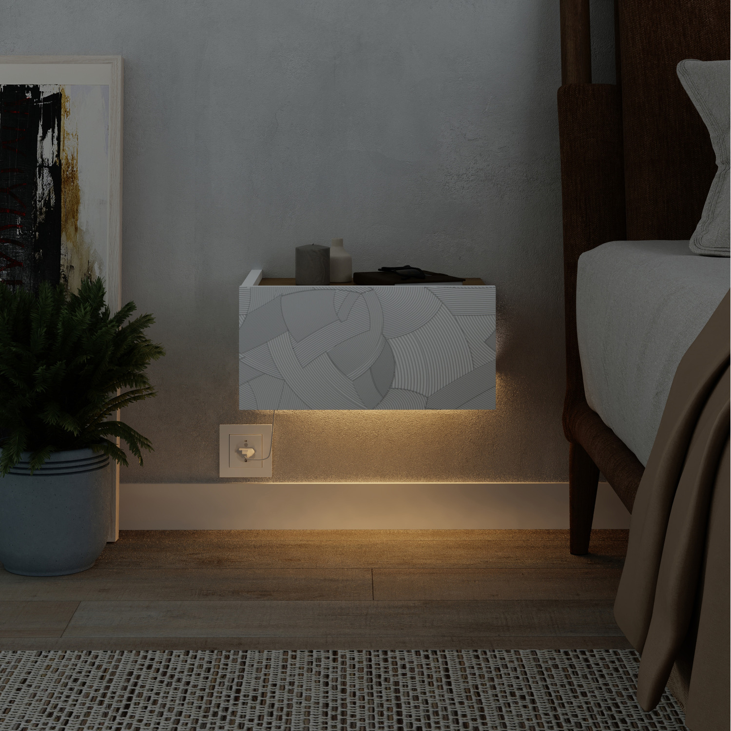 Wall Bedside Table with Drawer Handleless Nightstand - White, Oak