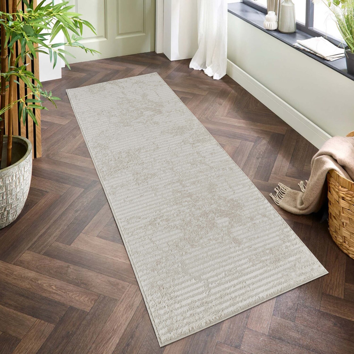 Perla Modern Abstract Linear Living Room Area Rug Metallic Sheen Molten-Beige - Beige / 220cm