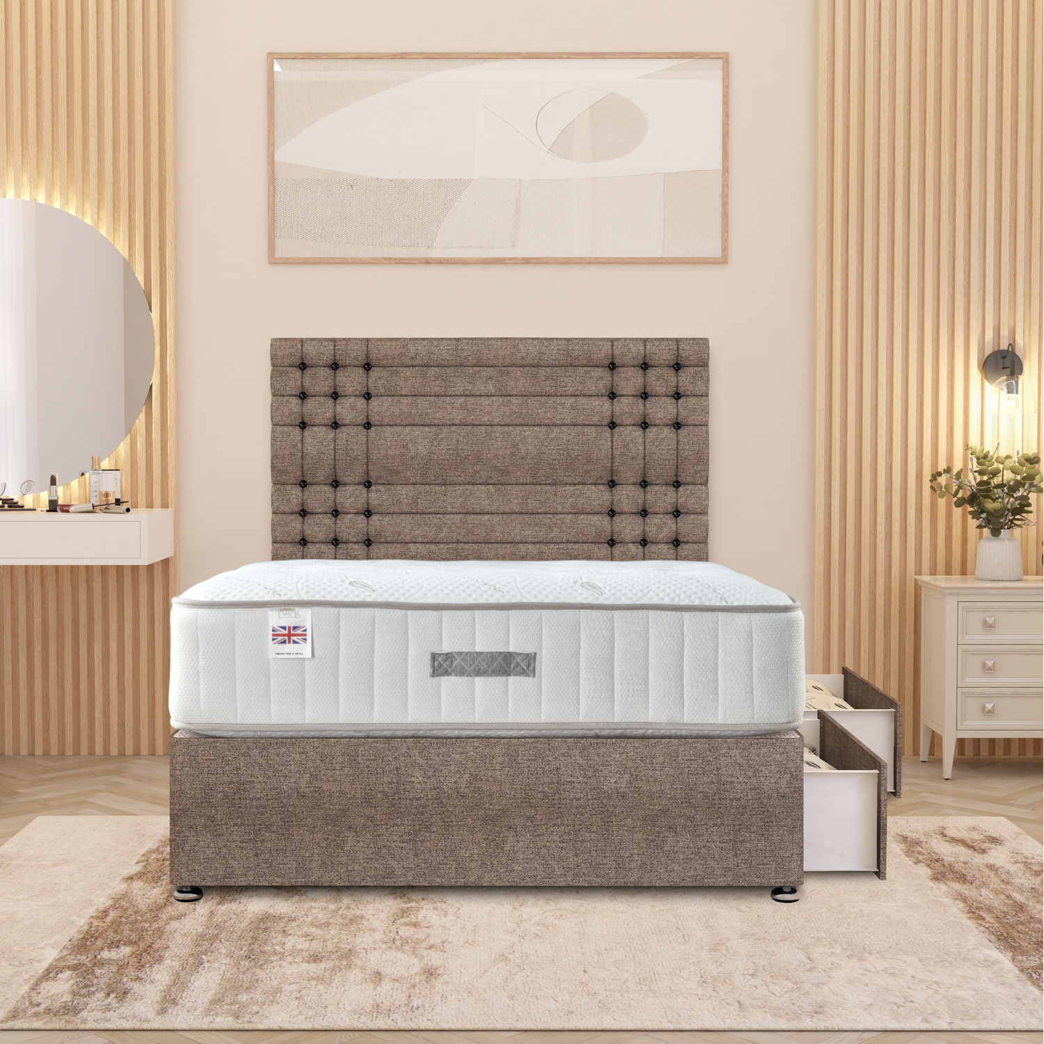 Saville Tweed Fabric Divan Bed Set With 32 Headboard Orthopaedic Mattress - Coffee Double 81 5kg