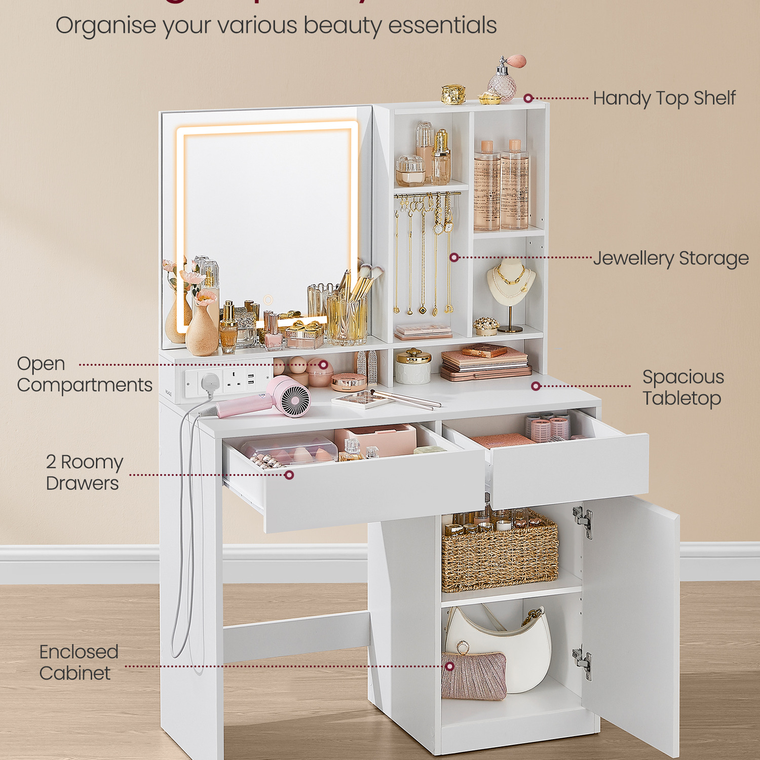 Modern Vanity Desk Dressing Table With Mirror And Lights - White